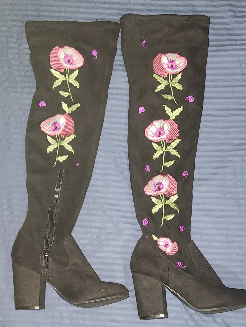 Carlos Santana Quality Black Floral Embroidered Over The Knee Boots, Size 7.5